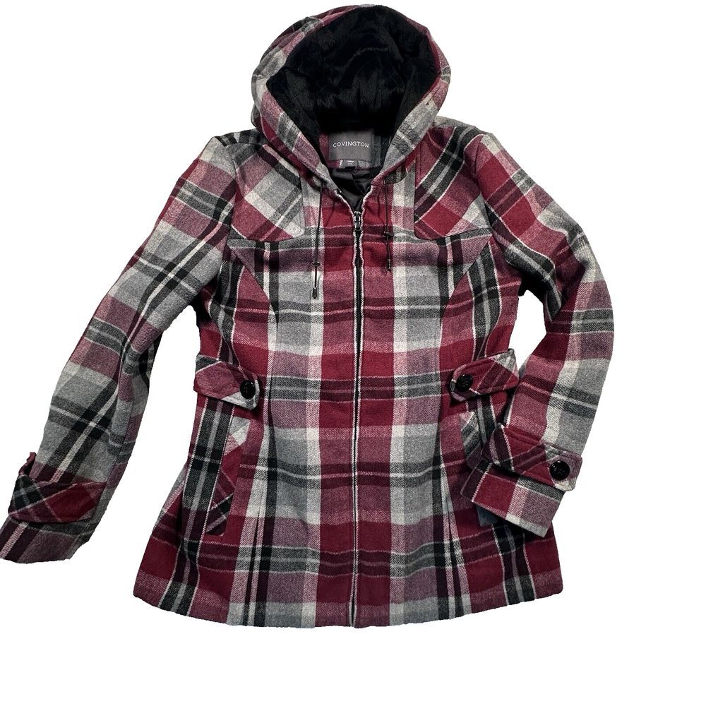 Vintage Y2K Covington Wool Blend Plaid Hooded Coat Women's Medium Gray Red